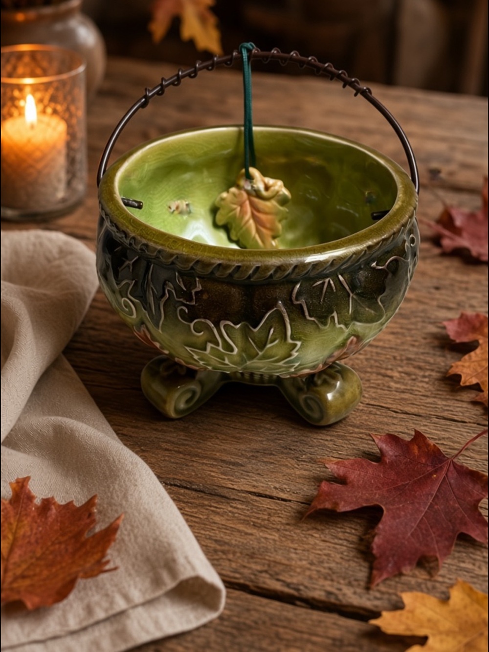 VINTAGE  CERAMIC DROP BOWL WITH GREEN AND RUST LEAVES CLAW FEET!